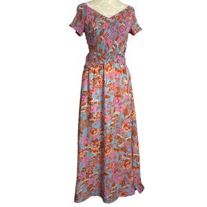 Maxi Sun Dress Boho Revival 70s Smocked Floral Blue Pink L bv